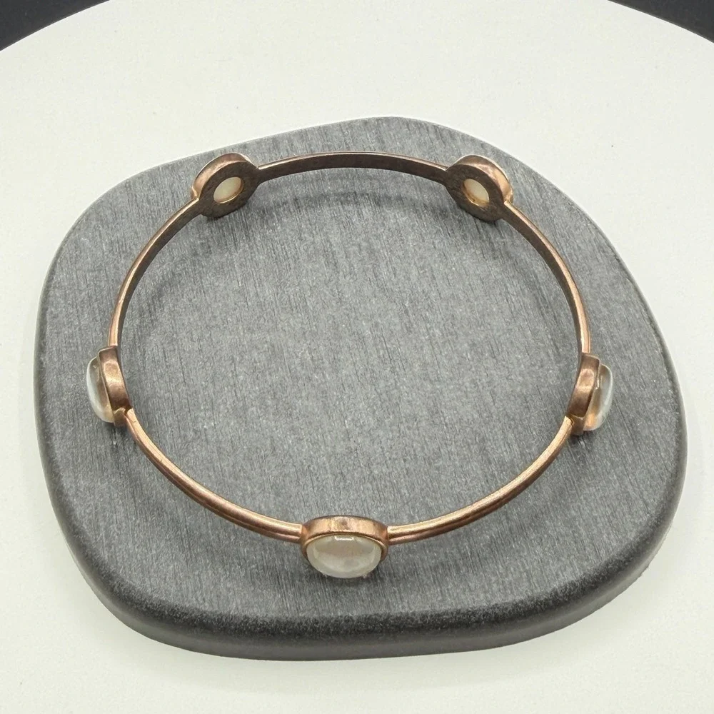 Pearlescent Shell Cabochon Copper Tone Bangle Bracelet Boho Statement Jewelry